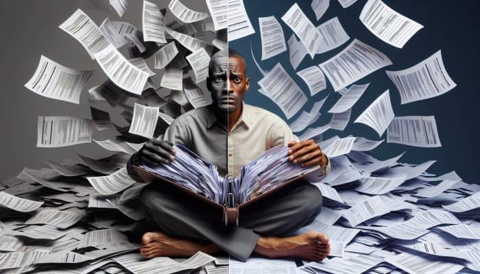 Understanding Debt Consolidation: A Comprehensive Guide | DCL Understanding Debt Consolidation: A visual representation of a person consolidating multiple bills into one folder, symbolizing financial relief and clarity.