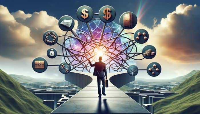 Essential Terminology in Debt Consolidation: A Comprehensive Guide | DCL A person confidently navigating a clear path through a complex financial landscape with labeled signposts under a bright sky.