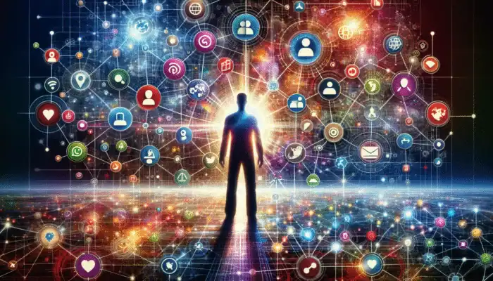 Individual interacting with social media icons, weaving a network of connections for effective link building.