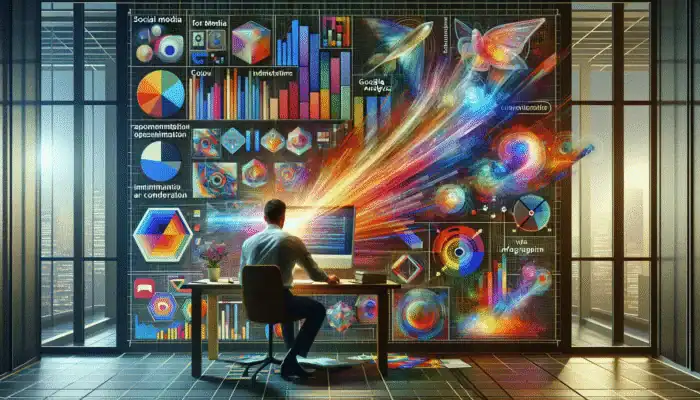 An individual analyzing social media performance metrics on a computer, surrounded by social media icons and analytics tools.