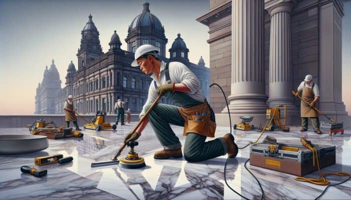 Expert artisan honing marble floors in Dundee, achieving a stunning glossy finish amidst historic Scottish architecture.