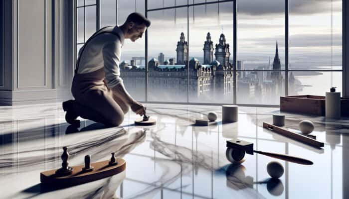 Craftsman honing marble floors in Dundee to a glossy finish, with skyline visible.