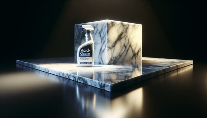 A radiant marble countertop with a bottle of acid-free cleaner, symbolizing protection and preservation.