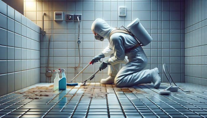A professional cleaner diligently scrubbing stained grout on a bathroom floor, achieving an immaculate finish.