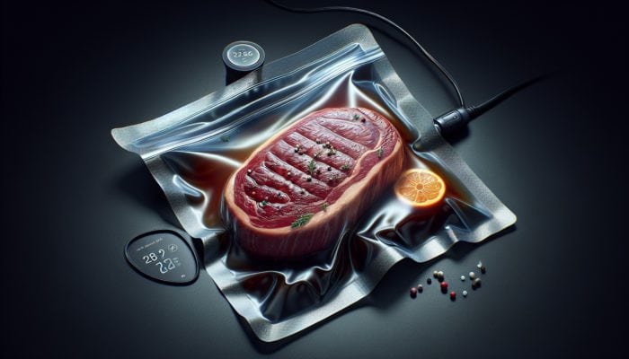 Sous vide cooking showed with a perfectly cooked steak, showcasing its tender interior and seared crust, beside a vacuum-sealed bag and water bath.