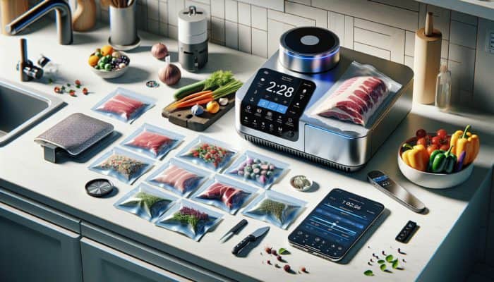 Essential sous vide cooking equipment including a precision cooker, vacuum-sealed bags, digital thermometer, and smartphone app displayed on a kitchen countertop.