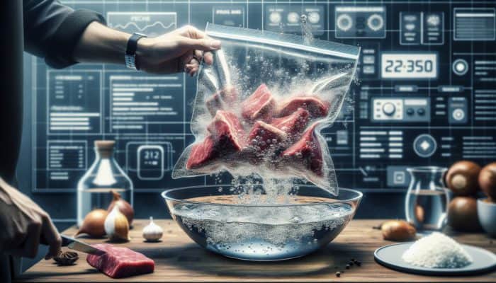 Zip-lock bag containing marinated steak in water, utilizing the water displacement method for sous vide cooking.