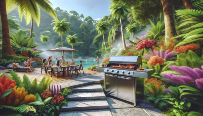 A modern stainless steel grill on a patio, surrounded by greenery and flowers, with people enjoying a barbecue.