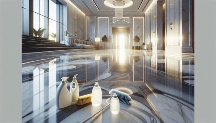 Luxurious marble floor in a Cottenham Park home, gleaming, with cleaning tools, emphasizing the importance of maintenance.