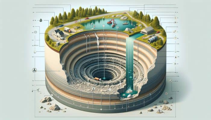 Cross-section illustrating the erosion process of bedrock by rainwater, exacerbated by human actions.