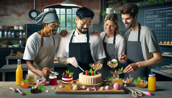 Chefs creating colorful jellies, panna cottas, and gummies with vegan gelatin in a vibrant kitchen.
