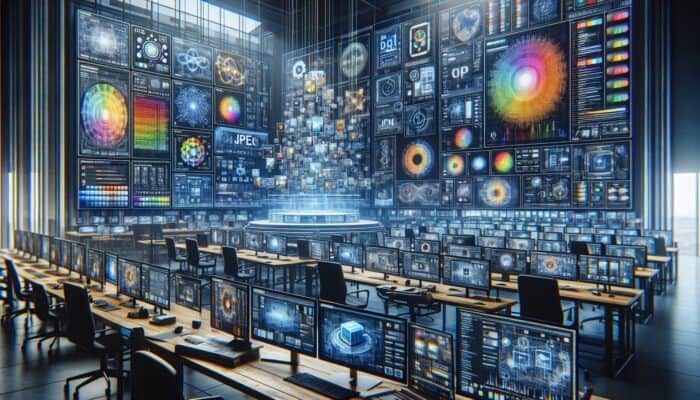 A digital artist's workspace showcasing a comparison of JPEG, PNG, and GIF formats on screens with quality and speed metrics.