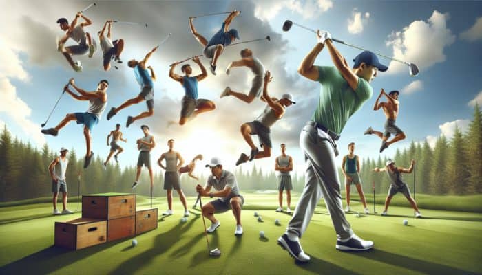 Golfer mid-swing on a lush green course, surrounded by dynamic plyometric drills enhancing muscle power and speed.