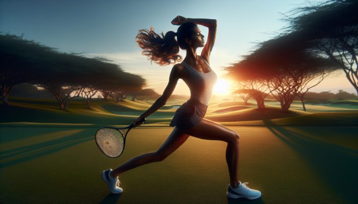 Golfer executing dynamic arm circles and leg swings at sunrise, followed by static stretches at sunset on a verdant course.