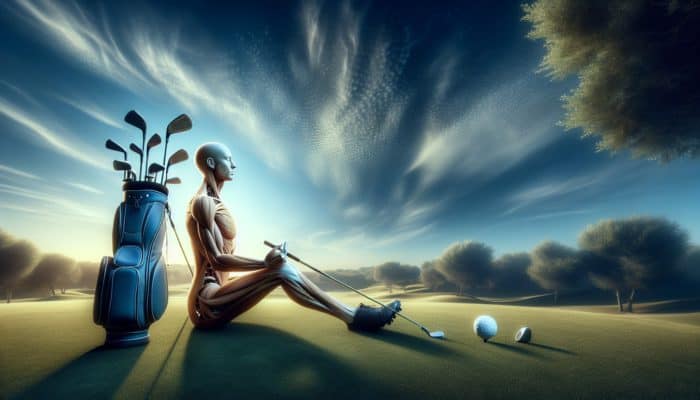 A South African golfer engaging in mindfulness and breathing exercises on a tranquil golf course, with equipment adjustments, under a clear sky.