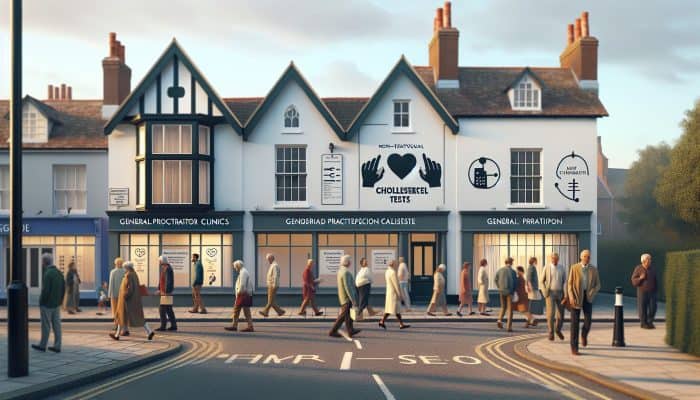 A Chichester street with three GP surgeries offering cholesterol tests, residents walking in.