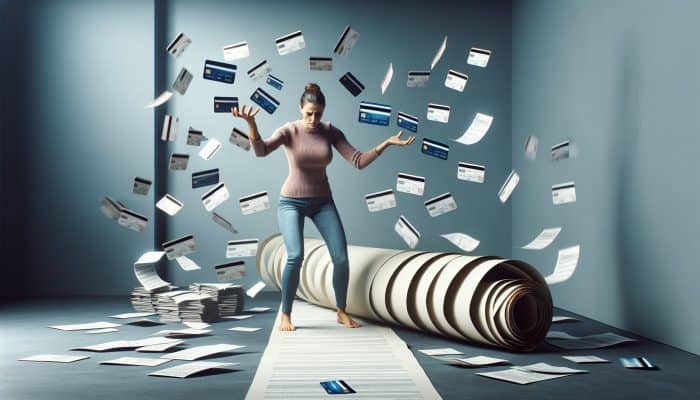 A person stressed with multiple credit cards, finding relief through a single debt consolidation loan.