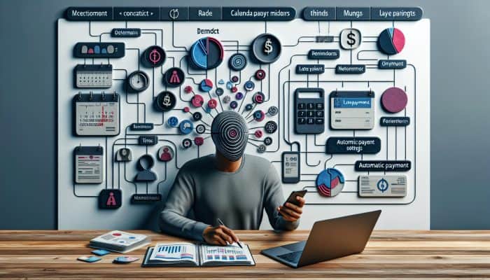 Person using smartphone and laptop to set reminders and automatic payments, reviewing financial statements to avoid late fees.