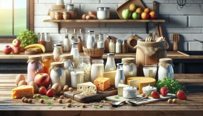 A vibrant kitchen scene with plant-based yogurt and cheese on a rustic table, surrounded by fresh fruits and herbs.