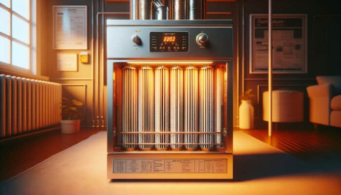 Furnace Services in Delta: A close-up of a well-maintained furnace with clean filters and shiny components in a cozy, warm-lit room.