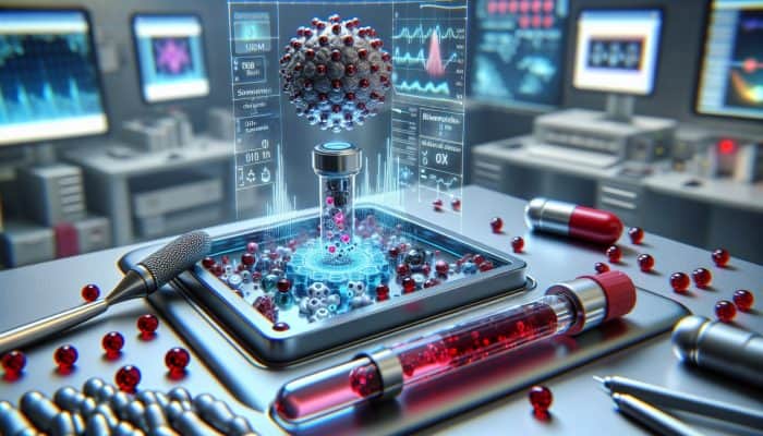 Close-up of biosensor interacting with nanoparticles and biomolecules in blood, showing optical and electrochemical changes in a high-tech lab.