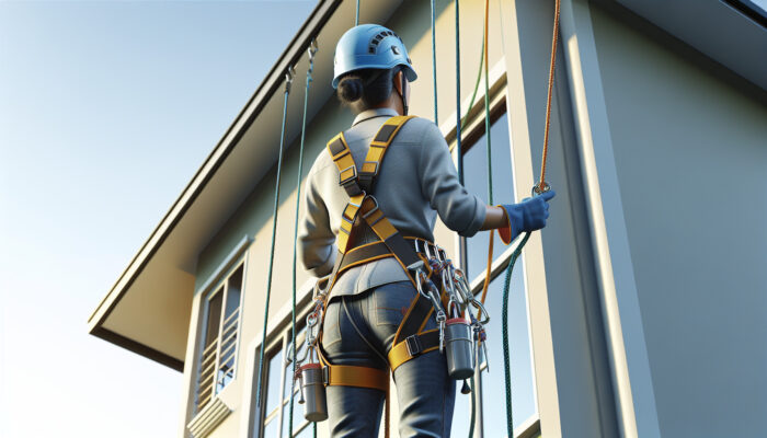 Worker in full-body harness using ropes for safety, clearing upper levels of a multi-story home.