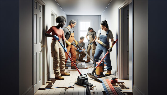 Team using specialized tools in multi-story home to clear space efficiently and safely.