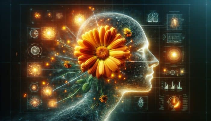 Vibrant orange calendula flowers with a soft glow, aiding wound healing on damaged skin.