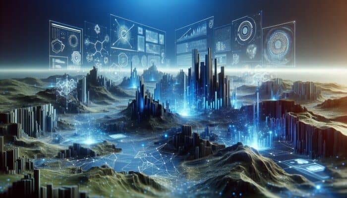 How to Use AI for Link Building: Futuristic digital landscape with AI optimizing SEO, enhancing data analysis, and automating link building.