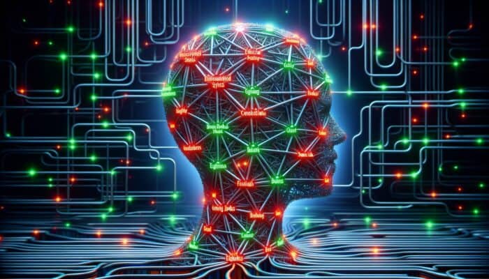 AI analyzing a network of backlinks, highlighting ethical connections in green and flagging spammy links in red.