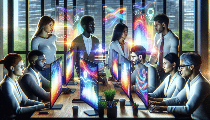 A digital marketing team analyzing SEO data on screens in a modern office, focusing on strategic content optimization.