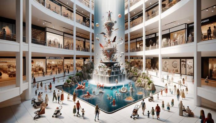 Best Las Vegas Malls for Family Shopping: A bustling mall with high-end shops and the 'Fall of Atlantis' animatronic show, captivating families.