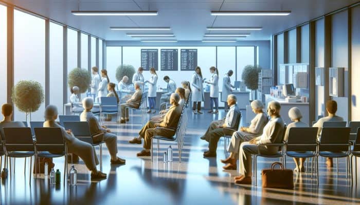 Patients at a clinic waiting for cholesterol tests after overnight fasting, holding water bottles, calm atmosphere.