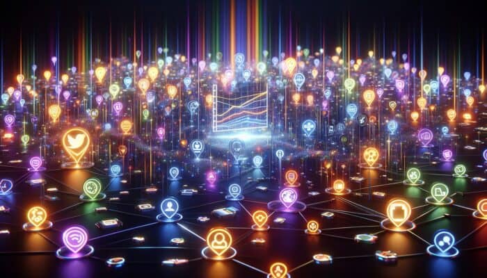 Utilizing Social Media for Off-Page SEO: A digital landscape showing social media icons linked to an SEO chart, illustrating enhanced visibility and traffic.