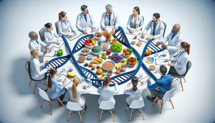 Geneticists and nutritionists discussing genetics and personalized dietary needs with DNA models and healthy foods.