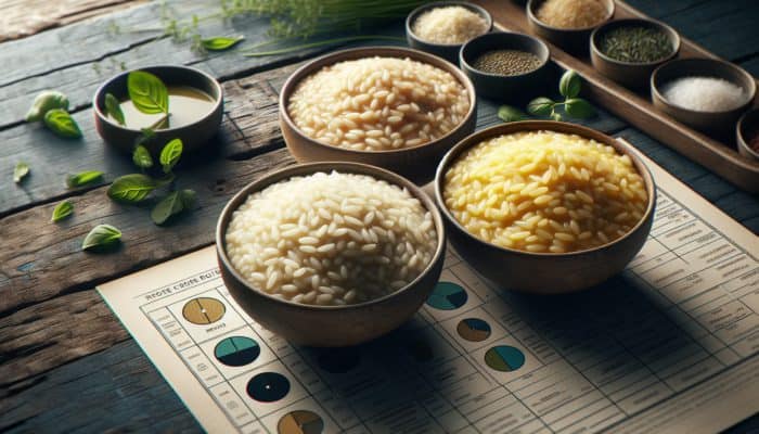 Techniques for Making Creamy Risotto: Three bowls of risotto made with Arborio, Carnaroli, and Vialone Nano rice on a rustic wooden table with herbs.