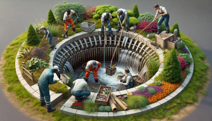 Catch Basin Drainage Services in Ladner Delta: Workers maintaining a catch basin, clearing debris and testing water flow, amidst well-kept landscaping.