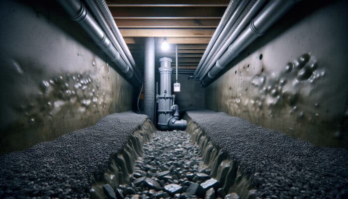 Crawl space with a sump pump, French drain, and interior drainage pipes for efficient water removal.