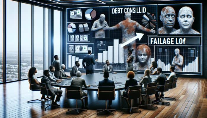 Diverse financial experts analyzing failed debt consolidation loan cases on a chart in a modern conference room.