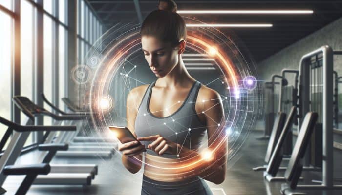 A woman using a fitness app on her smartphone in a gym, setting goals and receiving notifications.