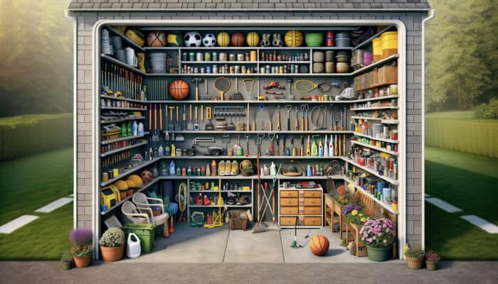 Techniques for Clearing Garages in the UK: A well-organized garage with labeled sections for various categorized items.