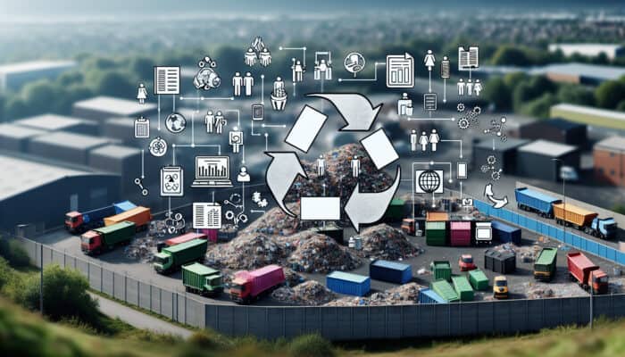 A UK landfill site showing government policies in action: recycling bins, waste prevention notices, and Landfill Tax banner.
