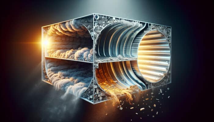 Cross-section of HVAC duct showing contrast between dirty section with dust, mold, debris and clean, well-maintained section.