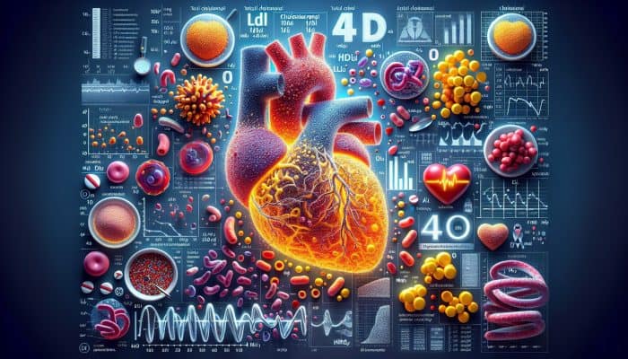 Cholesterol Blood Test in Bracknell: Infographic showing cholesterol types: total, LDL (bad), HDL (good), triglycerides, and heart health, measured in mg/dL.