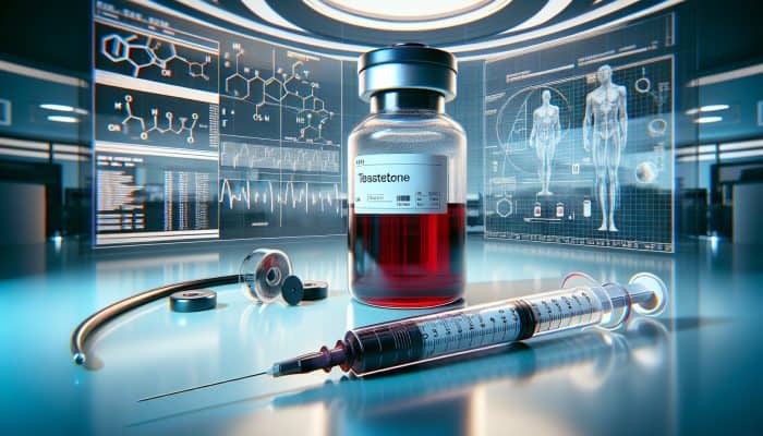 A vial of blood, syringe, and hormone level chart in a modern medical facility for testosterone testing.