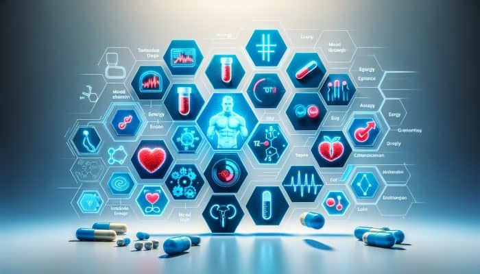 Infographic showing benefits of testosterone testing: increased energy, muscle growth, mood enhancement.