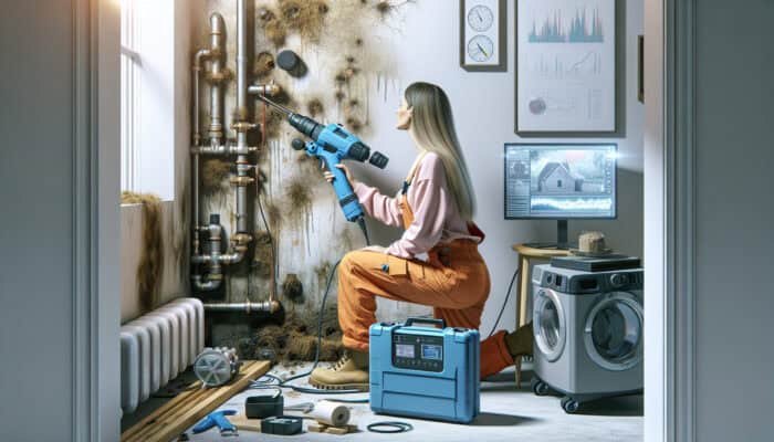 Water Leak Detection Services in Tsawwassen Delta: Technician using equipment to detect hidden water leak in modern home, with visible dampness and mold on walls, in Tsawwassen, Delta.