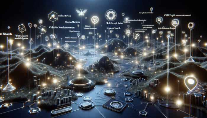 A digital landscape with glowing schema markup enhancing website visibility, boosting click-through rates, and increasing organic traffic, integrated with voice search and digital assistants.