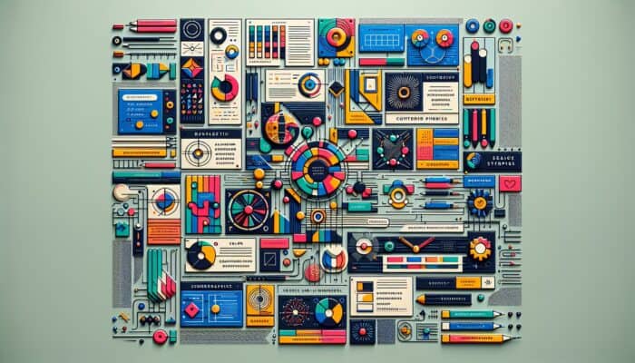 Infographic illustrating design principles with balanced layouts, contrasting colors, and aligned elements for engagement.