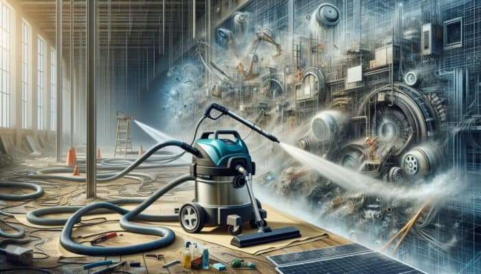 Industrial-strength vacuum and pressure washer cleaning construction site for thorough post-clearance cleanliness.